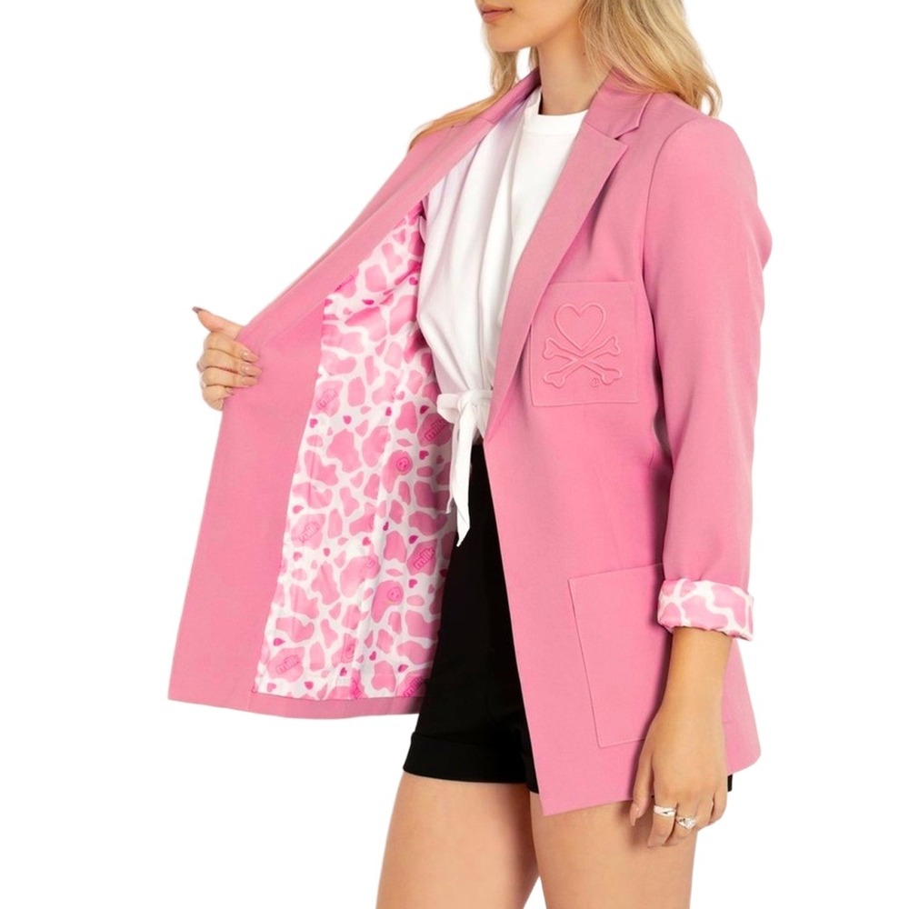 BlackMilk Heart Crossbones Patterned Lining Notched Lapel Blazer Pink Women 12